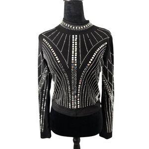 Lizette Collection Black Mock Neck Top with Silver Rhinestone Art Deco Design‎